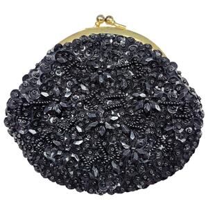Vintage Black‎ Beaded Round Kiss Lock Coin Purse Handbag
